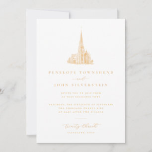 Convites Ilustração Elegante de Igreja Vintage em Dourado p