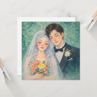 Convites Ilustração em Aquarela de Casal de Noivos Romântic