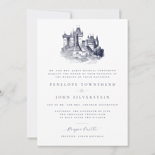 Convites Ilustração Formal de Casamento no Castelo Elegante (Frente)