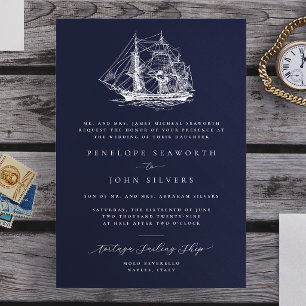 Convites Ilustração Naval de Navio Casamento Formal da Mari