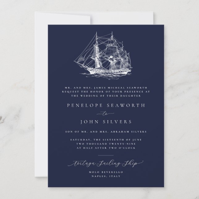 Convites Ilustração Naval de Navio Casamento Formal da Mari (Frente)