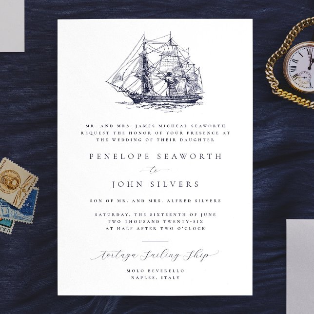 Convites Ilustração Naval de Navio Elegante Casamento Forma (Elegant Nautical Ship Illustration Formal Wedding Invitation)