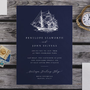 Convites Ilustração Naval Elegante de Navio Casamento Marin