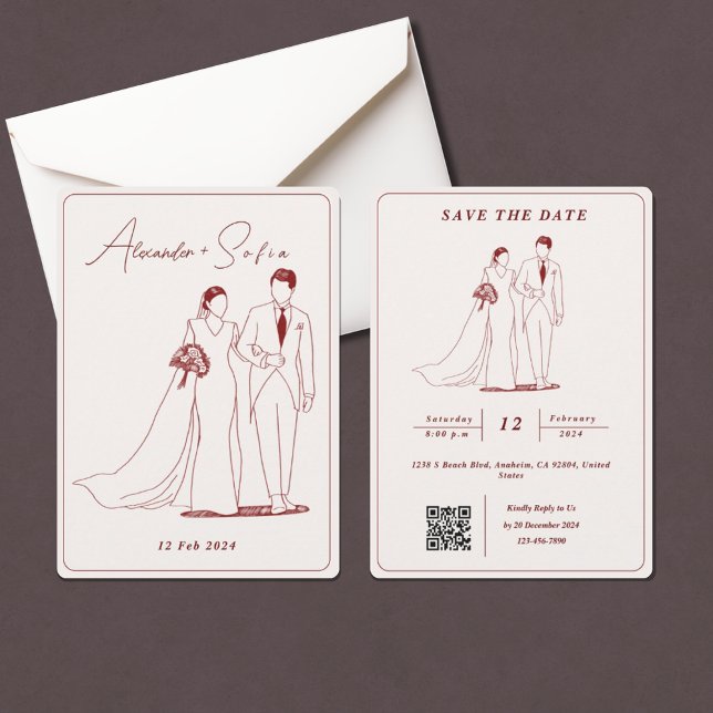 Convites Ilustração Simples com Casamento RSVP de Código QR (Criador carregado)
