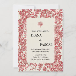 Convites Ilustração Vintage de Casamento com Bordas Bege e