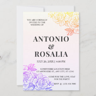 Convites Ilustração Vintage de Flores Amarelas e Roxas Wedd