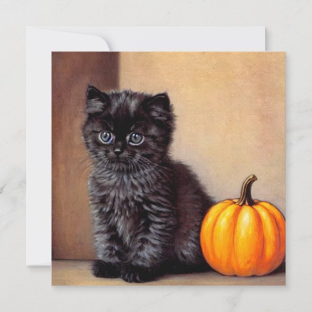 Convites Ilustração Vintage Halloween Black Kitten (Frente)