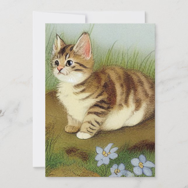 Convites Ilustração Vintage Kitten com Flores (Frente)