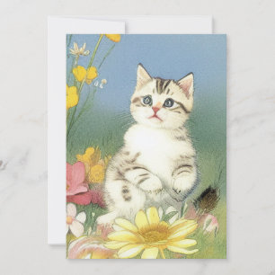 Convites Ilustração Vintage Kitten com Flores Amarelas