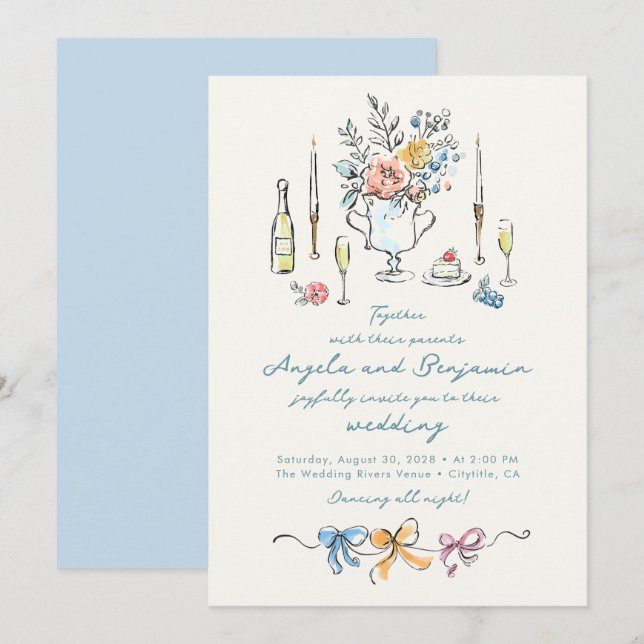 Convites Ilustrações Desenhadas à Mão Casamento Francês Cap (Frente/Verso)