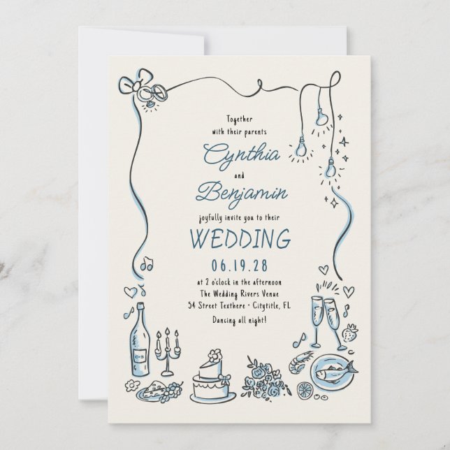Convites Ilustrações Desenhadas à Mão Rabiscos Casamento Ca (Frente)