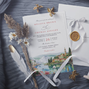 Convites Ilustrado Lago Como Itália Casamento Moderno Elega
