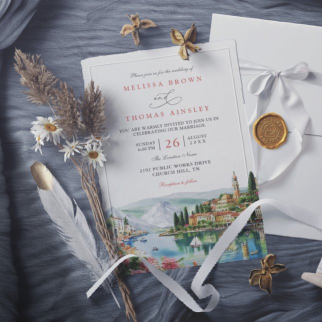 Convites Ilustrado Lago Como Itália Casamento Moderno Elega (Criador carregado)
