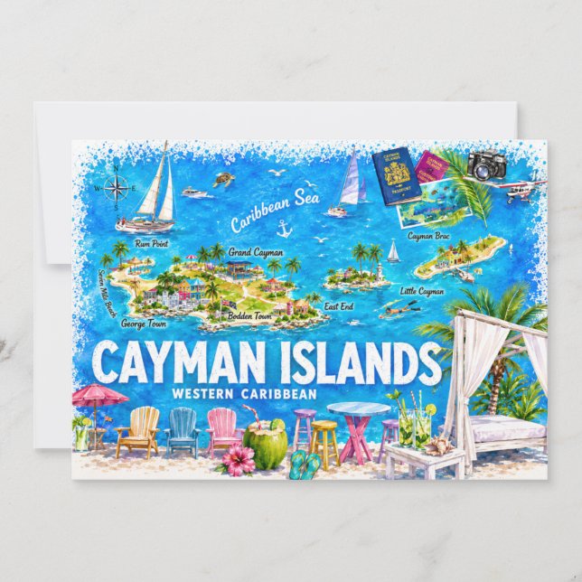 Convites Ilustrado Mapa de Viagem dos Ilhas Cayman em Posta (Frente)