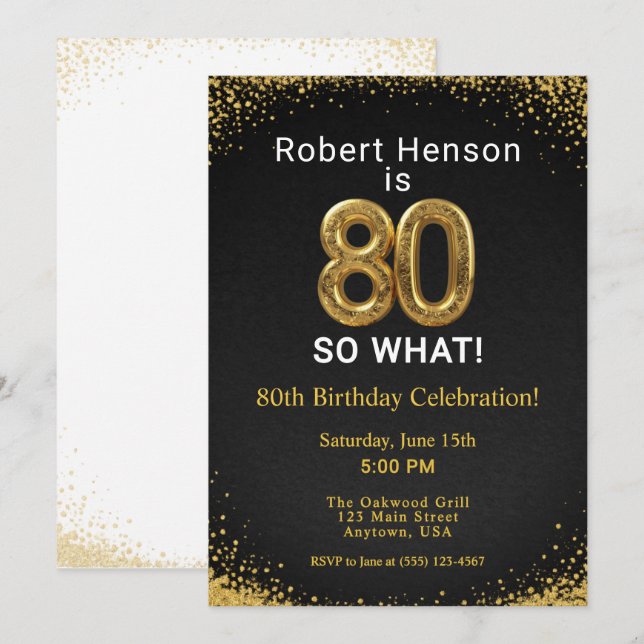Convites I'm 80 So What! Black Gold 80th Birthday (Frente/Verso)