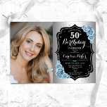 Convites Imagem azul preta de prata elegante 50º aniversári<br><div class="desc">Elegante convite floral feminino para o 50º aniversário com sua foto. Glam design com falso prata. Apresenta rosas azuis leves, fontes de script e confetti. Perfeito para uma festa de comemoração de na moda adulto. Personalize com seus próprios detalhes. Pode ser personalizado para qualquer idade! Impressos convites Zazzle ou modelo...</div>