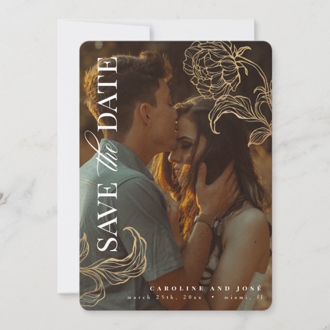 Convites Imagem Botânica de Folha Dourada Elegante Salvar a (Frente)