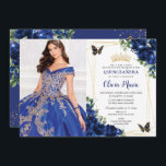 Convites Imagem das Borboletas da Quinceañera Blue<br><div class="desc">Personalize esta bonito Quinceañera, floral azul real / Foto de 16 anos / convite fácil e rápido. Basta clicar no botão personalizar para editar os textos, alterar as fontes e as cores das fontes. Apresentando vibrantes flores azuis reais, borboletas e sotaques dourados. Itens correspondentes disponíveis no repositório. c) Paperie fina...</div>