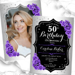 Convites Imagem de 50º aniversário do Elegante Silver Black<br><div class="desc">Elegante convite floral feminino de 50 anos com sua foto no final do cartão. Glam design com falso prata. Possui rosas roxos, fonte de script e confetti. Perfeito para uma festa de comemoração de na moda adulto. Personalize com seus próprios detalhes. Pode ser personalizado para qualquer idade! Impressos convites Zazzle...</div>