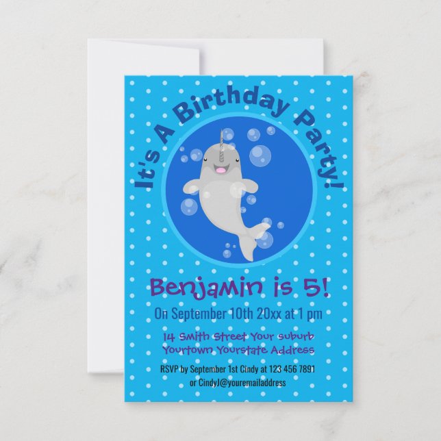 Convites Imagem de desenho animado de bolhas de narvais fel (Frente)