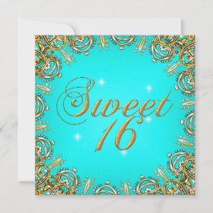 Convites Imagem de festa Sweet Sixteen dourado e azul turqu