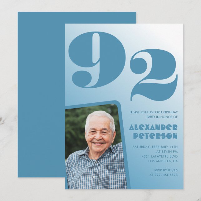 Convites Imagem de Gradiente Azul Retroativa 92.º aniversár (Frente/Verso)