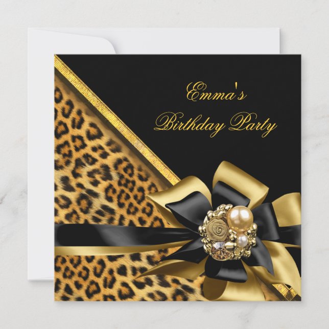 Convites Imagem de Leopardo Preto Dourado de Aniversário (Frente)