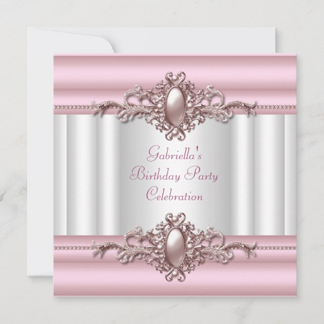 Convites Imagem de Pérola de Aniversário Elegante Rosa Bran (Frente)