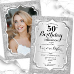 Convites Imagem de Prata das Mulheres Elegantes 50º Anivers<br><div class="desc">Elegante convite de 50 anos femininos com sua foto na parte de trás do cartão. Design com falso brilho de prata. Possui faixas prateadas, fonte de script e confetti. Perfeito para uma festa de comemoração de na moda adulto. Personalize com seus próprios detalhes. Pode ser personalizado para qualquer idade! Impressos...</div>