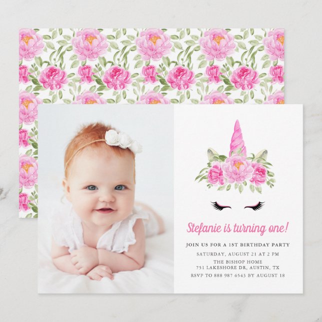 Convites Imagem de primeiro aniversario Floral Unicorn Cor- (Frente/Verso)