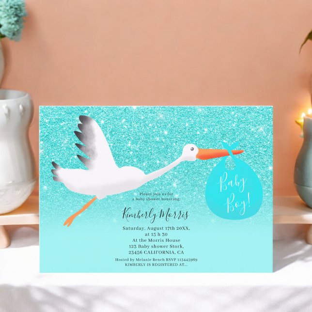 Convites Imagem do "baby boy chá" da bolsa de brilho de tem (Stork glitter bag illustration baby boy shower invitation)
