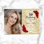 Convites Imagem do Elegante Dourado Rosa vermelha Foto 50º<br><div class="desc">Elegante convite floral feminino para o 50º aniversário com sua foto. Design de vidro com ouro brilhante falso. Recursos stripes, rosa vermelha, fonte de script e confetti. Perfeito para uma festa de comemoração de na moda adulto. Personalize com seus próprios detalhes. Pode ser personalizado para qualquer idade! Impressos convites Zazzle...</div>