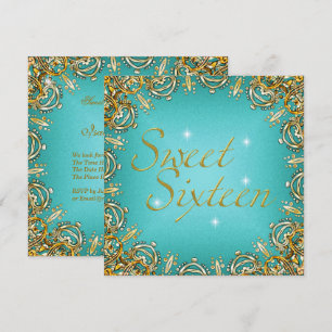 Convites Imagem Doce Dezesseis Anos Dourado Turquesa Sweet 