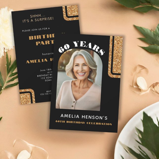 Convites Imagem Dourada brilhante Elegante Foto 60º Anivers (Criador carregado)