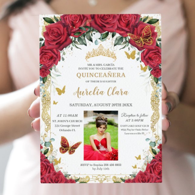 Convites Imagem Dourada da Quinceañera Rosa vermelha Floral (Criador carregado)
