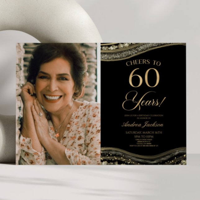 Convites Imagem Dourada preta de Agate 60.a Festa de aniver (Criador carregado)