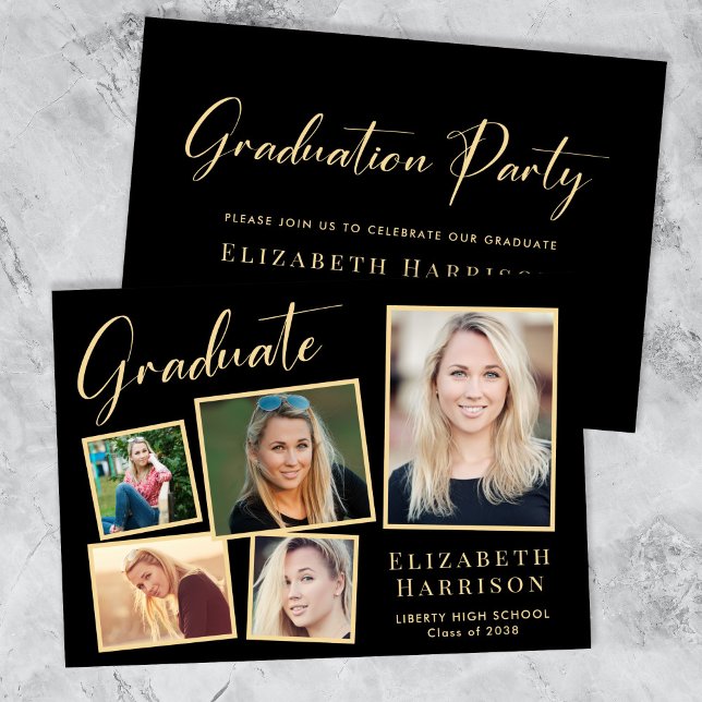 Convites Imagem Elegante Dourada Festa de formatura Preta (Our user-friendly template makes it a breeze to upload your photos and personalize your invitation)