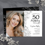 Convites Imagem Floral Branca Elegante 50º Aniversário<br><div class="desc">Convite de aniversário preto branco floral 50º com sua foto na frente da placa. Elegante design moderno com desenhos botânicos desenhados em destaque e letra de script de tipografia. Simples trendy convida cartão perfeito para uma festa de na moda. Pode ser personalizado para qualquer idade. Impressos convites Zazzle ou modelo...</div>