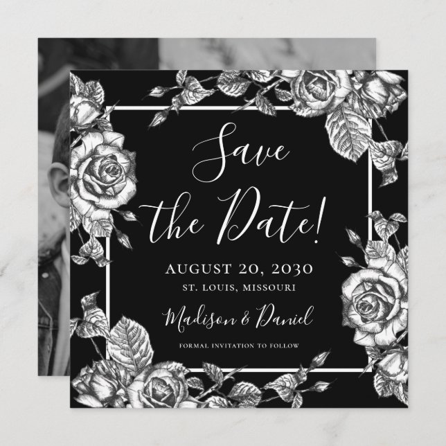 Convites Imagem Floral Branco Preto Elegante Salvar a Data (Frente/Verso)