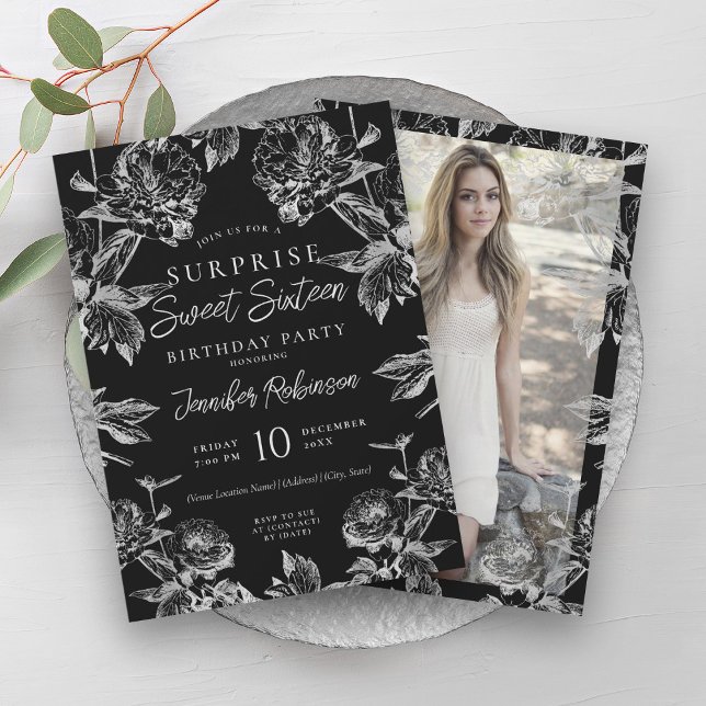 Convites Imagem Floral de Prata Negra Surpresa 16 (Black Silver Floral Photo SURPRISE Sweet 16 Invitation)