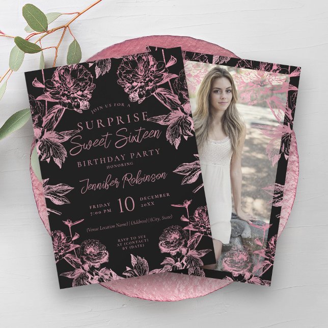Convites Imagem Floral Dourada de Rosa preto SURPRISE Doce  (Black Rose Gold Floral Photo SURPRISE Sweet 16 Invitation)