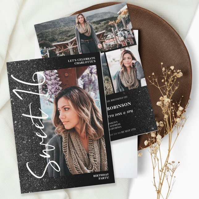 Convites Imagem fotográfica de brilho preto 4 fotos Sweet 1 (Criador carregado)