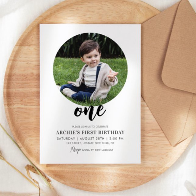 Convites Imagem Mínima Moderna Simples de Foto do primeiro  (1st birthday invitations modern simple photo invitation template first birthday ONE)