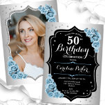 Convites Imagem Negra Azul Elegante Foto 50º Aniversário<br><div class="desc">Elegante convite floral feminino de 50 anos com sua foto no final do cartão. Glam design com falso prata. Apresenta rosas azuis leves, fontes de script e confetti. Perfeito para uma festa de comemoração de na moda adulto. Personalize com seus próprios detalhes. Pode ser personalizado para qualquer idade! Impressos convites...</div>