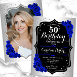Convites Imagem Real Azul de Prata Elegante 50º Aniversário<br><div class="desc">Elegante convite floral feminino de 50 anos com sua foto no final do cartão. Glam design com falso prata. Apresenta rosas azuis reais, fonte de script e confetti. Perfeito para uma festa de comemoração de na moda adulto. Personalize com seus próprios detalhes. Pode ser personalizado para qualquer idade! Impressos convites...</div>