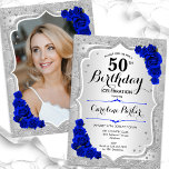 Convites Imagem Real Azul de Prata Elegante 50º Aniversário<br><div class="desc">Elegante convite floral feminino de 50 anos com sua foto no final do cartão. Design com falso brilho de prata. Possui faixas prateadas, rosas azuis reais, fontes de script e confetti. Perfeito para uma festa de comemoração de na moda adulto. Personalize com seus próprios detalhes. Pode ser personalizado para qualquer...</div>