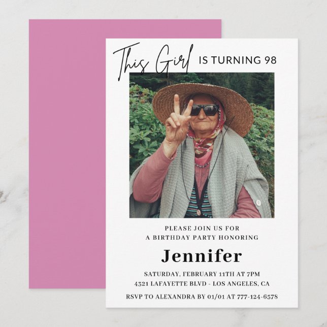 Convites Imagem rosa e divertida elegante 98 anos (Frente/Verso)