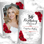 Convites Imagem Vermelha Branca Elegante 50º Aniversário<br><div class="desc">Elegante convite floral feminino de 50 anos com sua foto no final do cartão. Glam design com falso prata. Apresenta rosa vermelha, fonte de script e confetti. Perfeito para uma festa de comemoração de na moda adulto. Personalize com seus próprios detalhes. Pode ser personalizado para qualquer idade! Impressos convites Zazzle...</div>