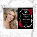 Convites Imagem Vermelha Elegante Black Silver 50º Aniversá<br><div class="desc">Elegante convite de 50 anos florais com sua foto. Design vermelho preto de vidro com prata brilhante. Apresenta rosa vermelha, fonte de script e confetti. Perfeito para uma festa de comemoração de na moda adulto. Personalize com seus próprios detalhes. Pode ser personalizado para qualquer idade! Impressos convites Zazzle ou modelo...</div>