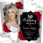 Convites Imagem Vermelha Preta Elegante Silver 50º Aniversá<br><div class="desc">Elegante convite floral feminino de 50 anos com sua foto no final do cartão. Glam design com falso prata. Apresenta rosa vermelha, fonte de script e confetti. Perfeito para uma festa de comemoração de na moda adulto. Personalize com seus próprios detalhes. Pode ser personalizado para qualquer idade! Impressos convites Zazzle...</div>